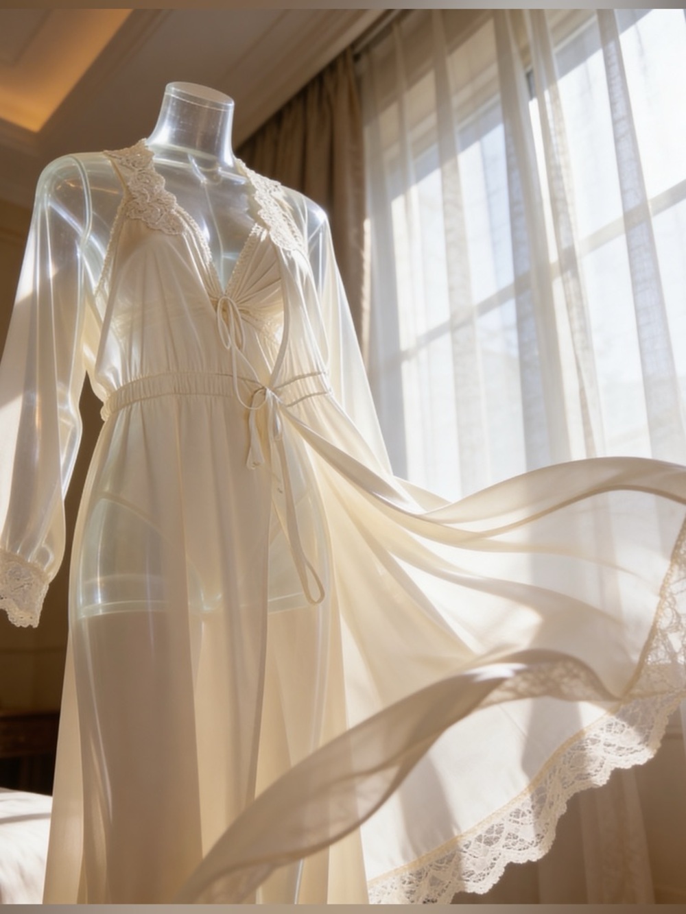 Vintage 70s Miss Elaine Ivory Peignoir Set Nightgown Robe ILGWU - Picture 2 of 8